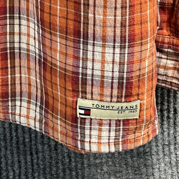 VTG TOMMY Jeans HILFIGER Shirt Mens Medium Orange Plaid Quilted Lined LS Button - Picture 5 of 16